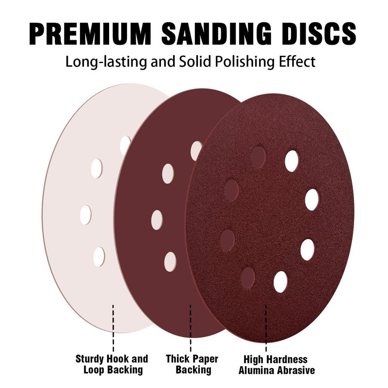 OUKEYA 52 Pack 5 Inch 8-Hole Hook and Loop Sanding Discs Sandpaper Red Round 120 Grit Sandpaper for Random Orbital Sander - Image 3